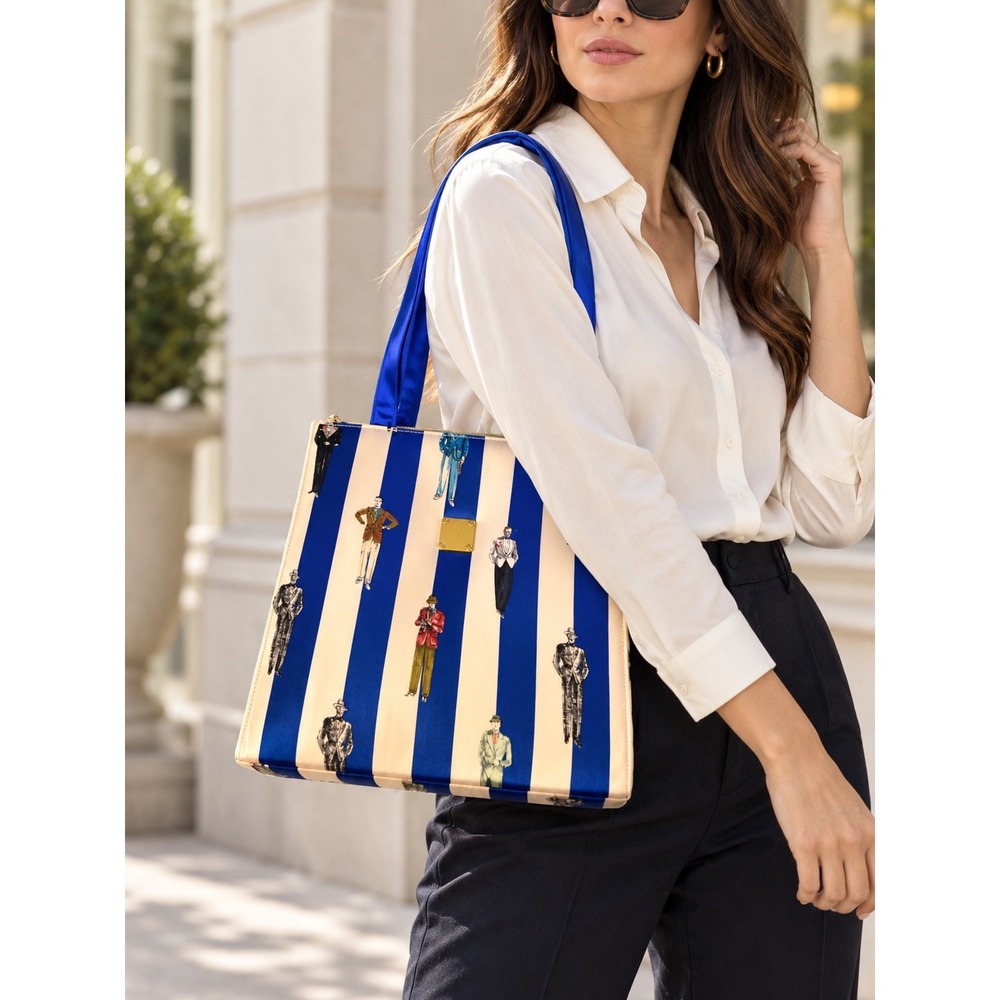 MCM Blue Ivory Striped Fashion Illustration Zip Tote Bag With Dust Ba